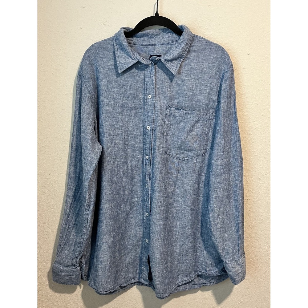 GAP Women's Button Down Shirt Size L Linen Blend Long Sleeve Chambray Coastal